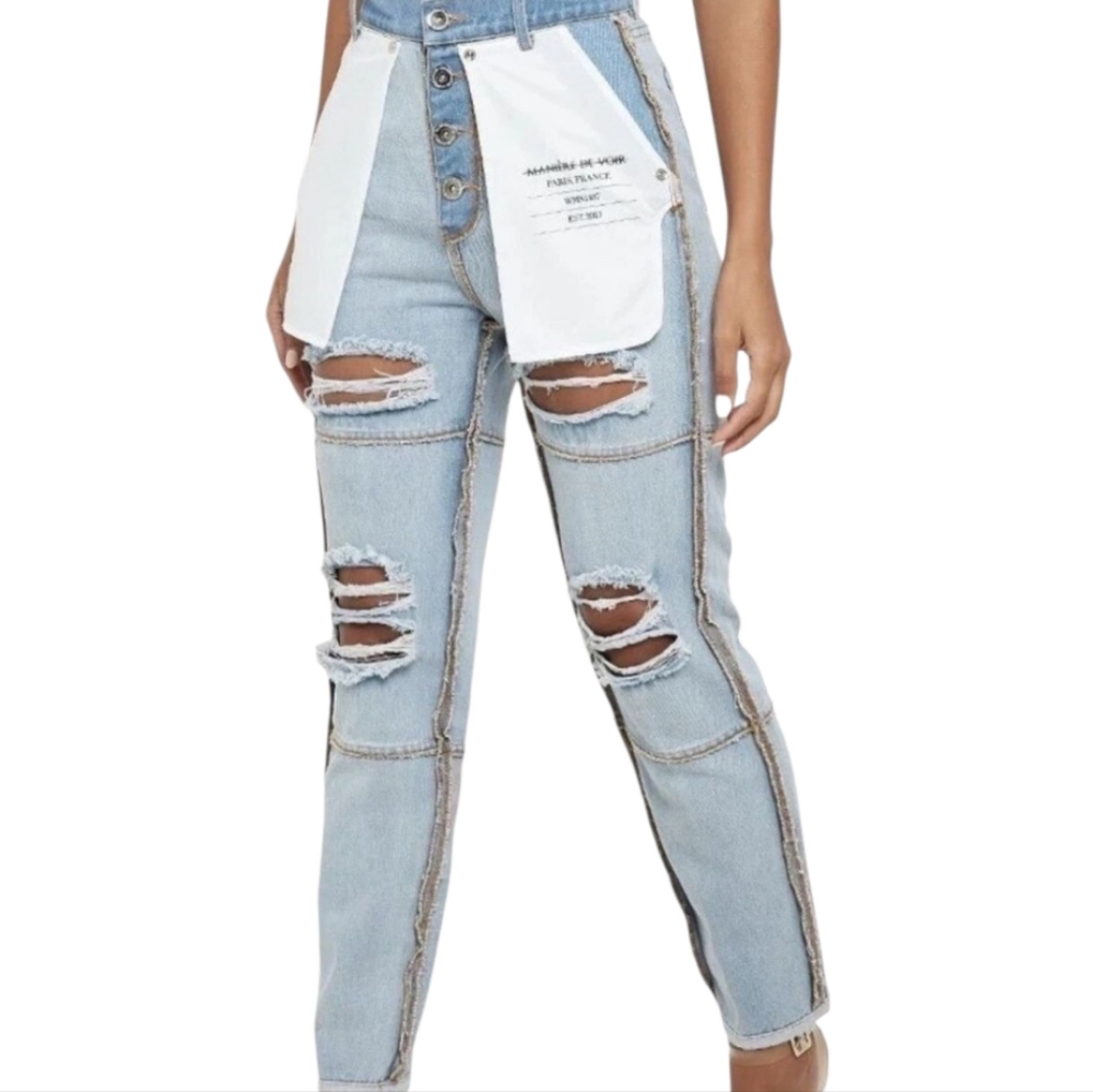 Manier De  Voir Distressed Inside Out Cotton Jeans Size 6 (Runs Small)